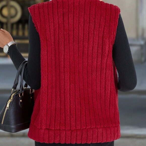 Red Casual Women's Zip Closure Vest Jacket - Picture 3 of 7